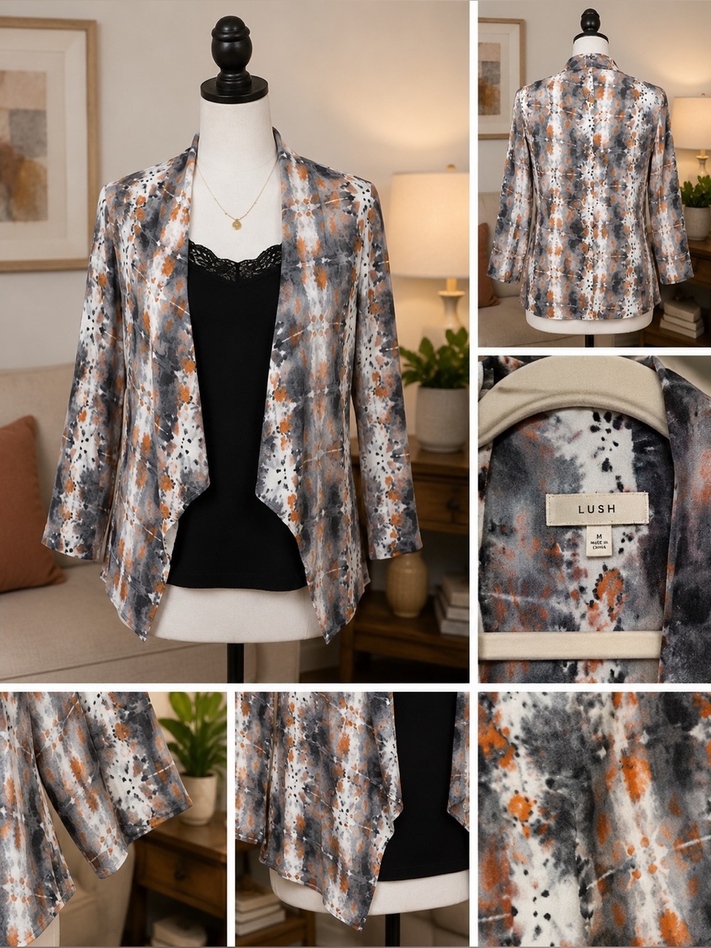 Lush Open Front Abstract Print Blouse Cardigan Top Size Medium - Picture 2 of 7